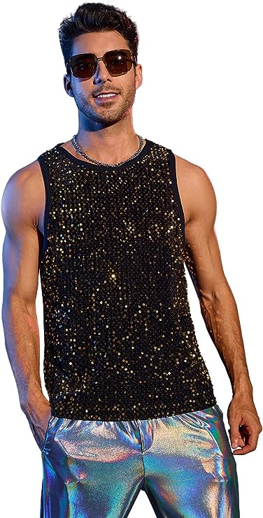 Men's Silver Sleeveless Sequin Tank Top Shirt