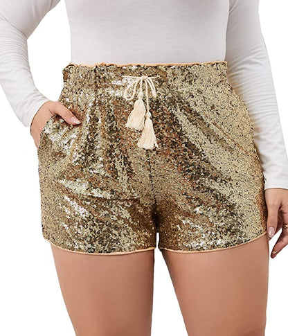 High Waist Hunter Green Sequin Drawstring Stretch Glitter Shorts