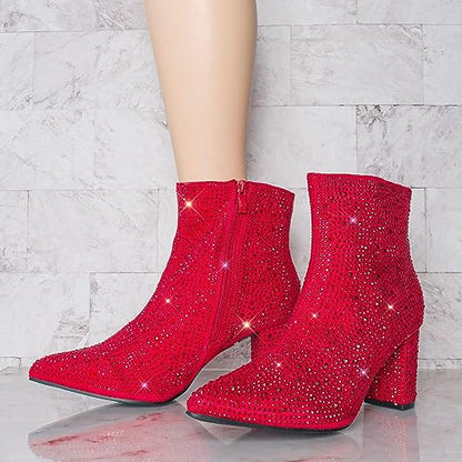 Rhinestone Studded Sequin Red Rhinestone Ankle Boots