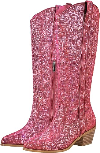 Rhinestone Knee High Sequin Mid-silver Cowboy Boots