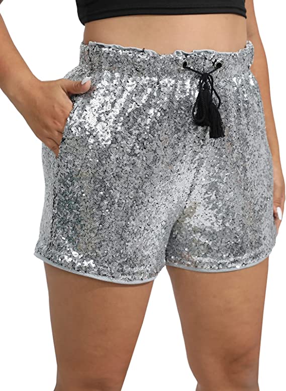 High Waist Hunter Green Sequin Drawstring Stretch Glitter Shorts