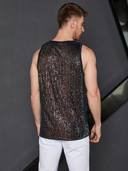 Men's Black Mesh Sequin Sleeveless Shirt