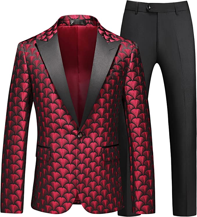 Men's Black Floral Long Sleeve Blazer w/Red Lapel & Pants 2pc Suit