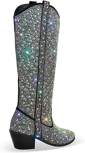 Rhinestone Knee High Sequin Mid-silver Cowboy Boots