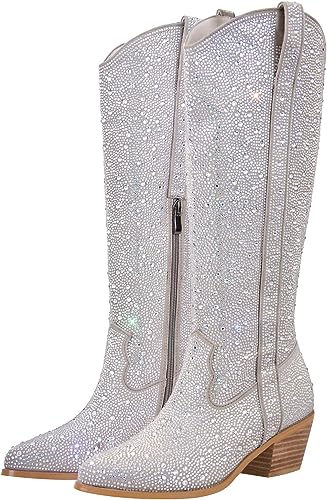 Rhinestone Knee High Sequin Black Cowboy Boots