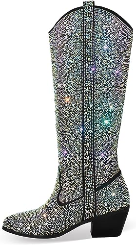 Rhinestone Knee High Sequin Black Cowboy Boots