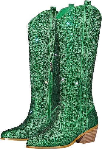 Rhinestone Knee High Sequin Mid-silver Cowboy Boots