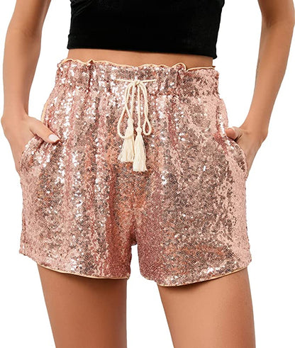 High Waist Hunter Green Sequin Drawstring Stretch Glitter Shorts