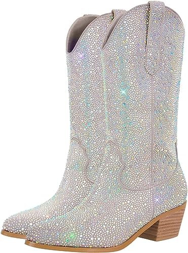 Rhinestone Knee High Sequin Mid-silver Cowboy Boots