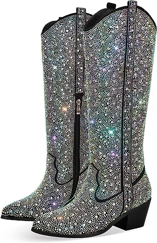 Rhinestone Knee High Sequin Mid-silver Cowboy Boots