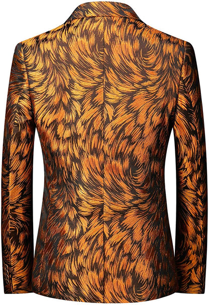 Italian Style Men's Single Breasted Golden Brown Leaf Printed Fully Lined Blazer