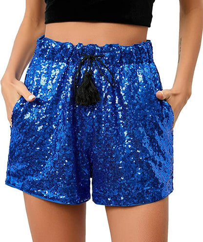 High Waist Hunter Green Sequin Drawstring Stretch Glitter Shorts