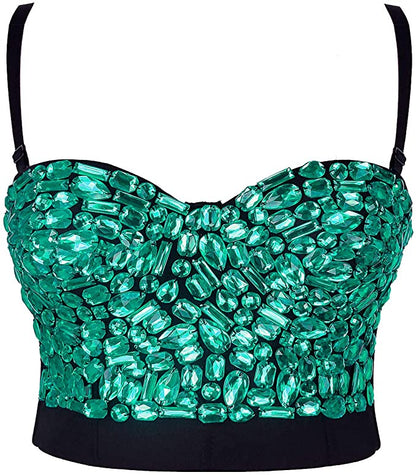 Diamond Green Studded Sweetheart Bustier Corset Crop Top