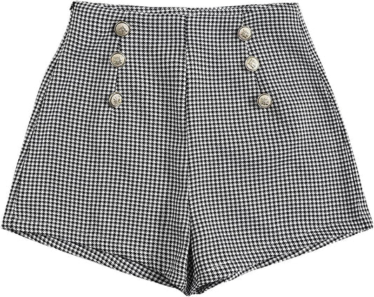 Black & White Houndstooth Gold Button High Waist Shorts