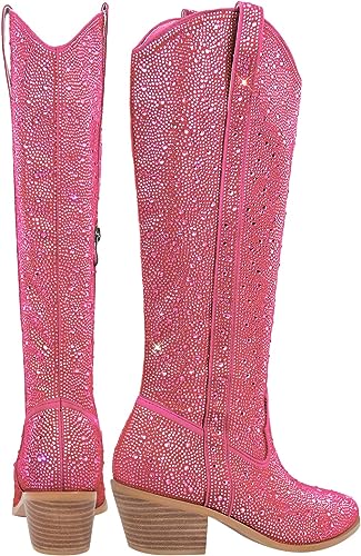 Rhinestone Knee High Sequin Black Cowboy Boots