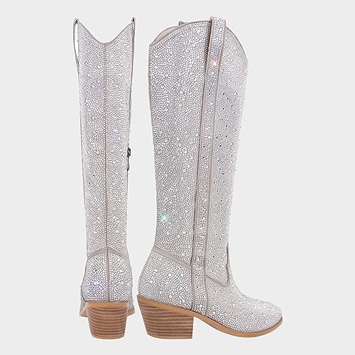 Rhinestone Knee High Sequin Mid-silver Cowboy Boots