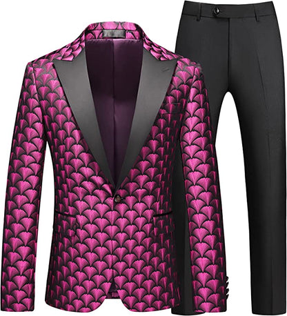 Men's Black Floral Long Sleeve Blazer w/Red Lapel & Pants 2pc Suit
