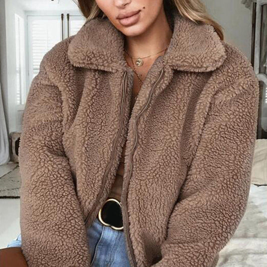 Fashionable Taupe Soft Fleece Bomber Jacket