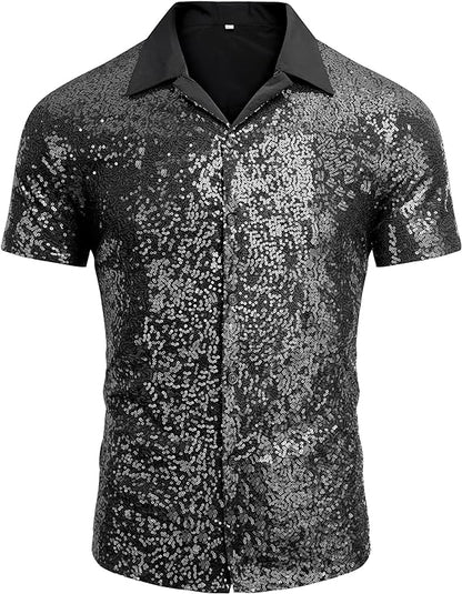 Men's Gold Sequin Polo Style Short Sleeve Shirt