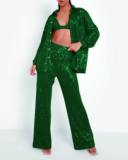 Hunter Green Sparkle Sequin High Waist Pants