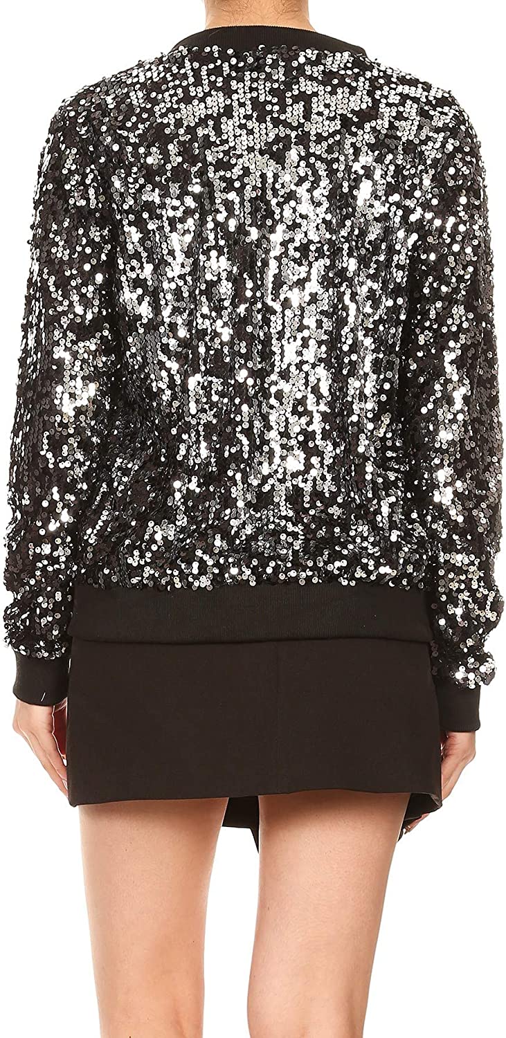 Elegant Black Sequin Long Sleeve Front Zip Jacket with Ribbed Cuffs