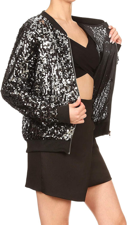 Elegant Black Sequin Long Sleeve Front Zip Jacket with Ribbed Cuffs