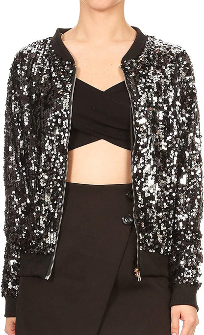 Elegant Black Sequin Long Sleeve Front Zip Jacket with Ribbed Cuffs