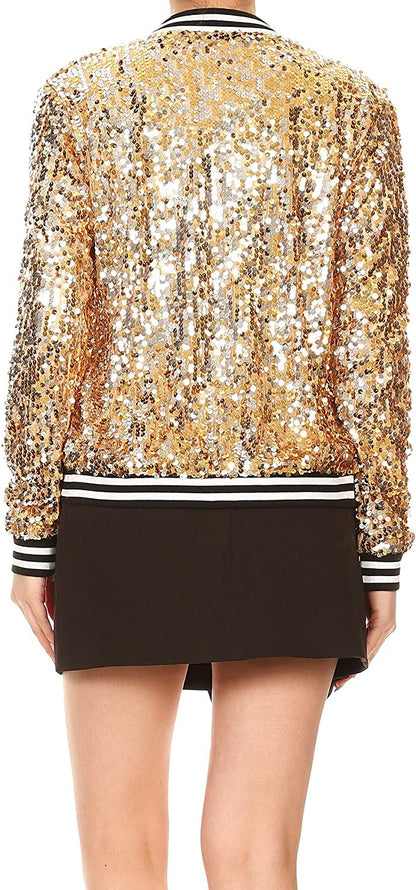 Elegant Gold Sequin Long Sleeve Front Zip Jacket with Ribbed Cuffs