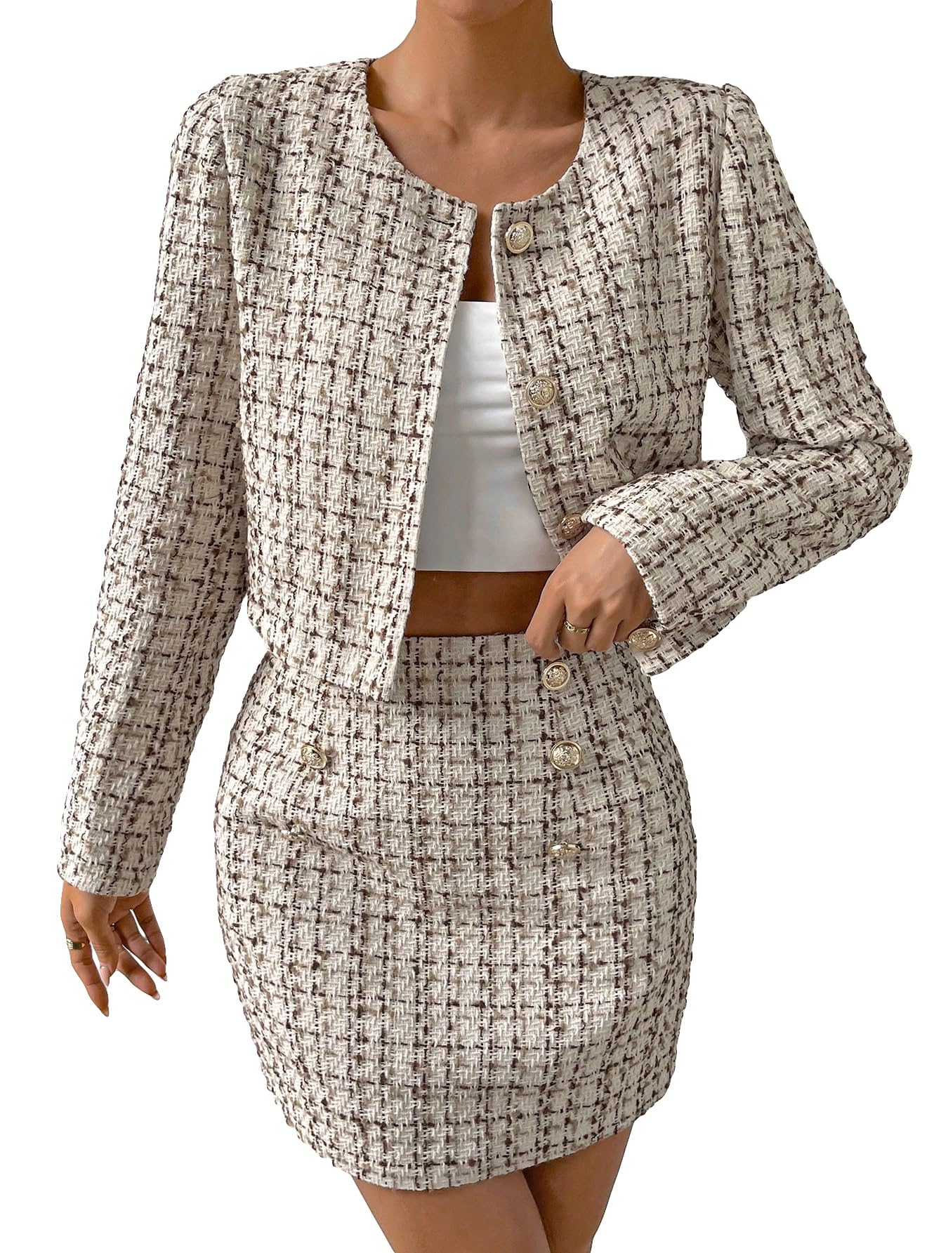 Apricot Plaid Designer Chic Tweed Blazer Jacket & Skirt Set