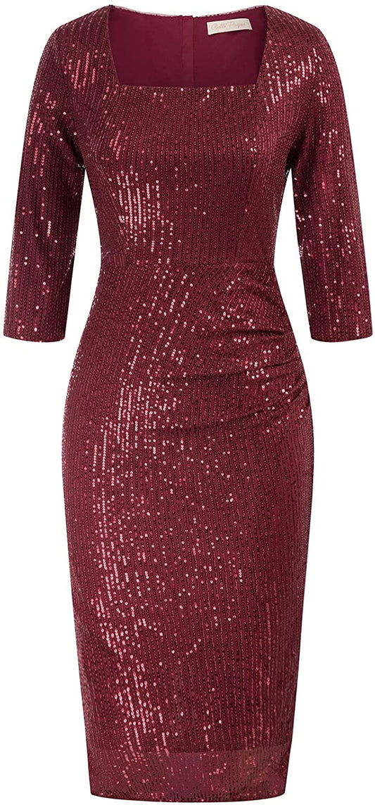 Vintage 50s 3/4 Sleeved Burgundy Square Neck Pencil Sequin Dress