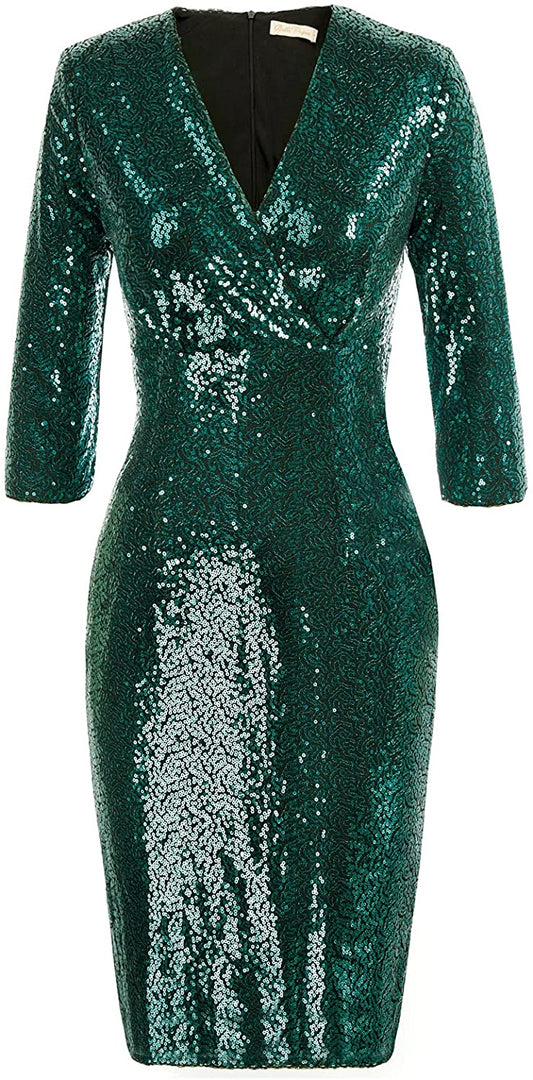 Vintage 50s 3/4 Sleeved V-Neck Blue Green Pencil Sequin Dress