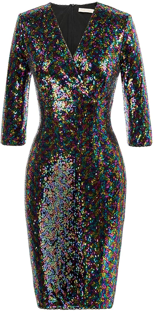 Vintage 50s 3/4 Sleeved V-Neck Multicolor Pencil Sequin Dress