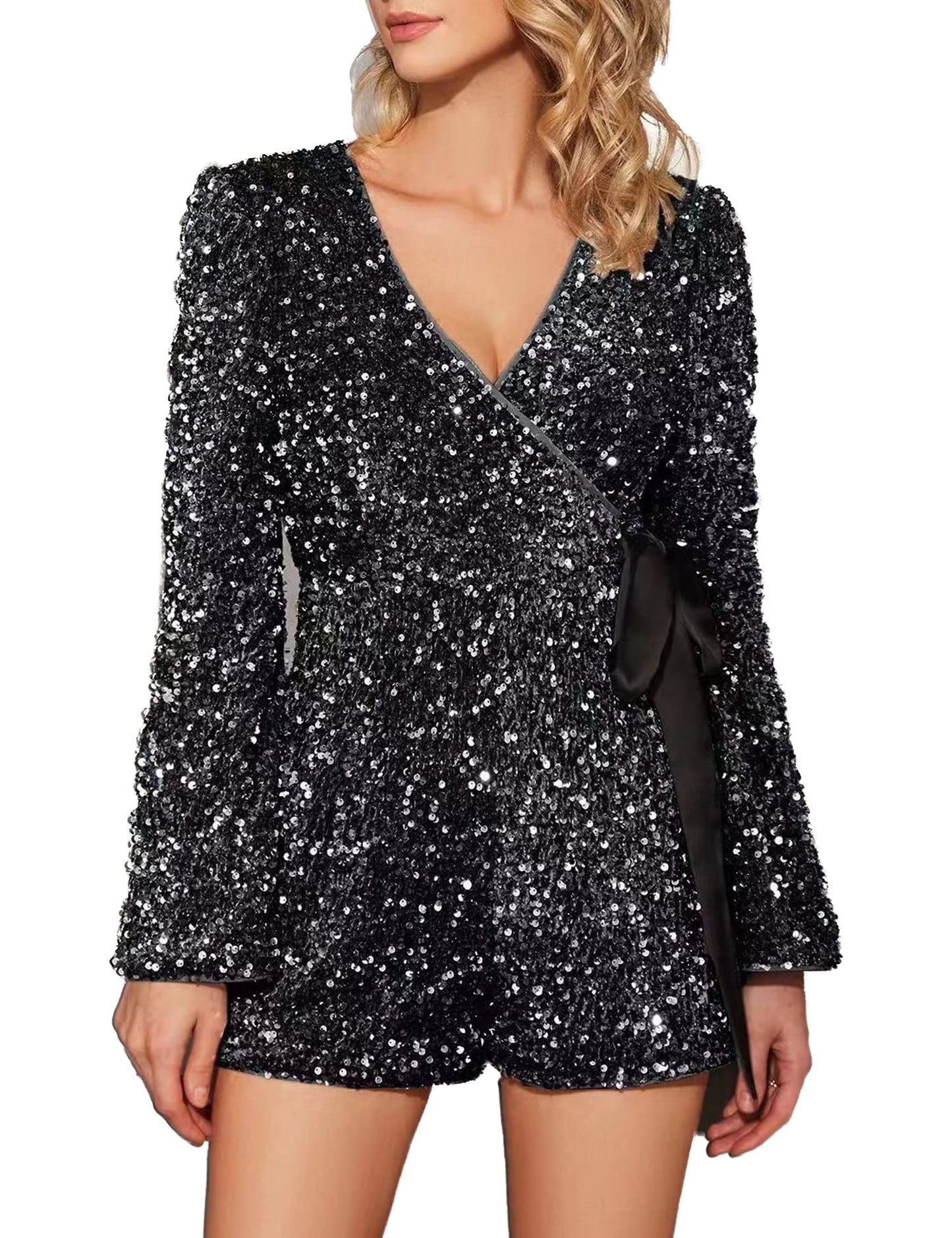 Black Stylish Sequin Wrap Style Shorts Romper