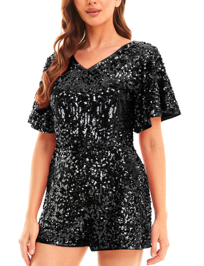 Black Sequin Sparkle Ruffle Sleeve Shorts Romper