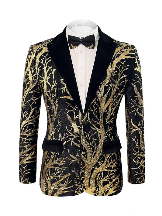 Black Men's Sequin Floral Glitter Long Sleeve Blazer