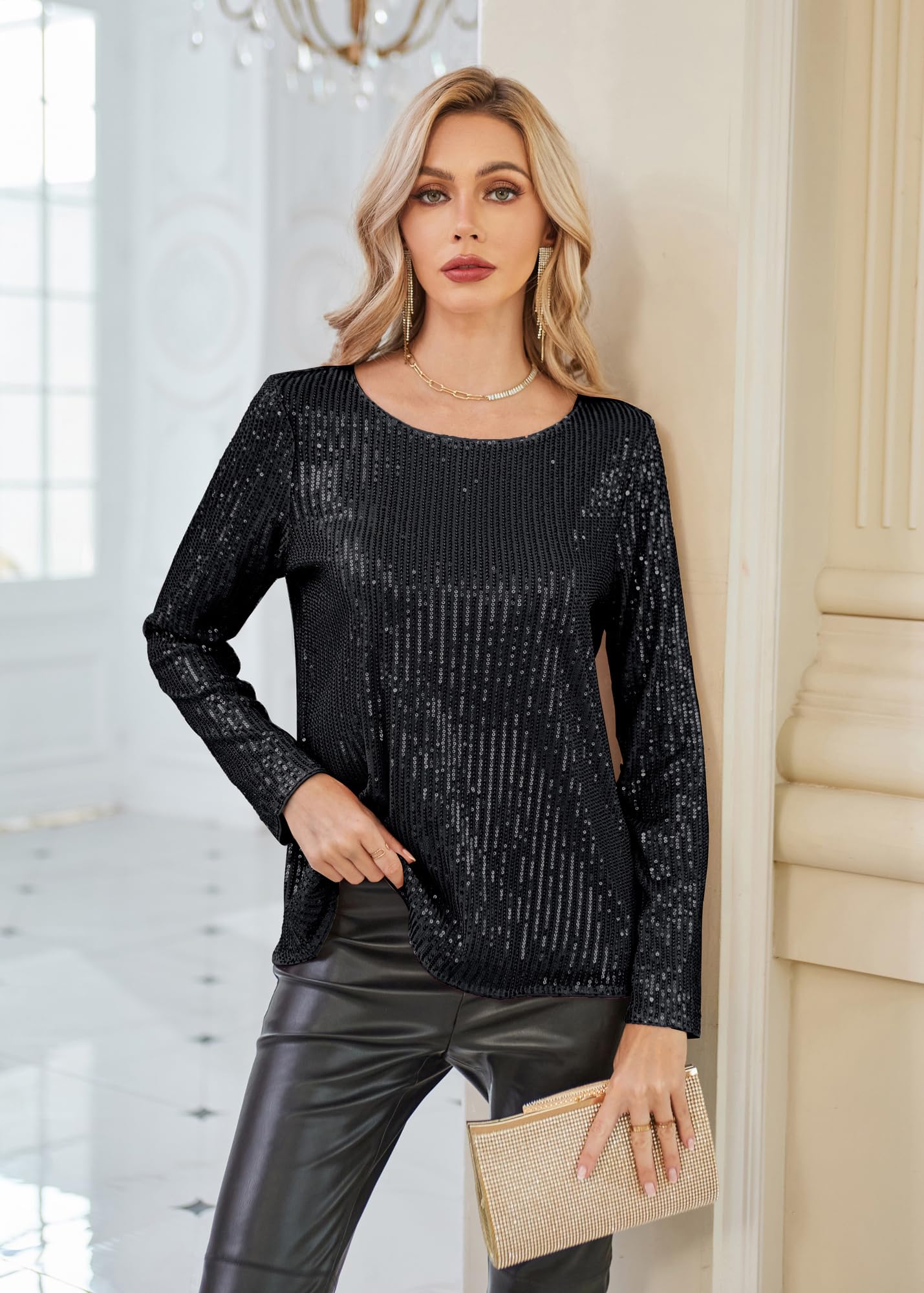 Black Sequin Long Sleeve Glitter Top