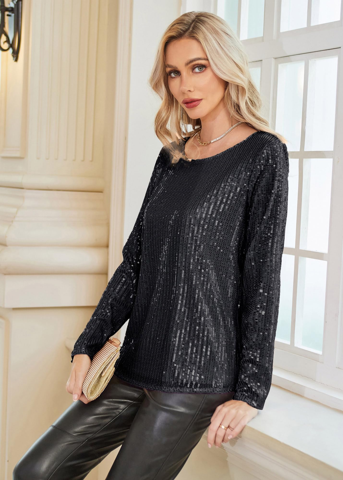 Black Sequin Long Sleeve Glitter Top