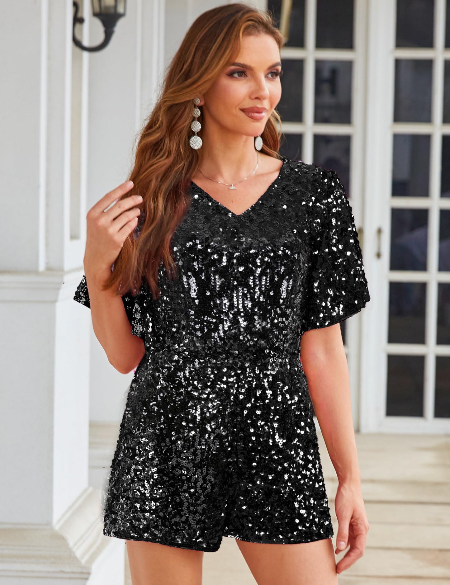 Black Sequin Sparkle Ruffle Sleeve Shorts Romper