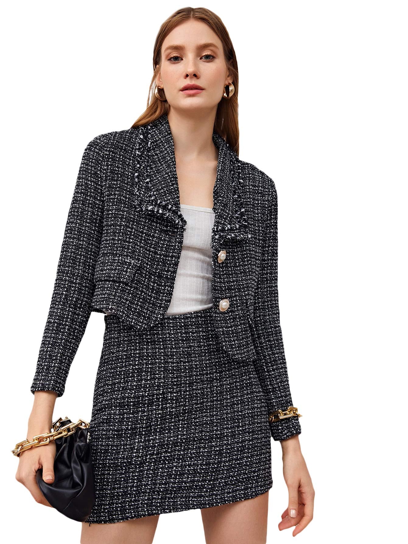 Black 1 Designer Chic Tweed Blazer Jacket & Skirt Set