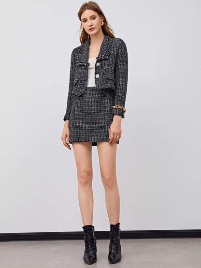 Black 1 Designer Chic Tweed Blazer Jacket & Skirt Set