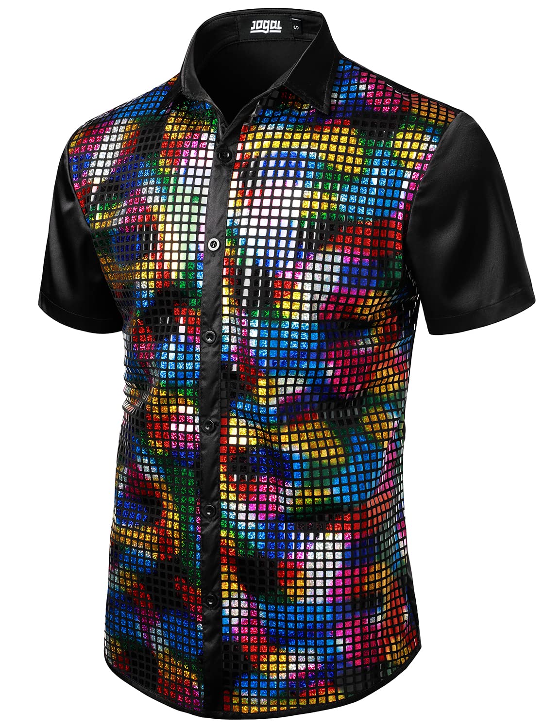 Black Multicolour Men's Metallic Sequin Shiny Short Sleeve Short