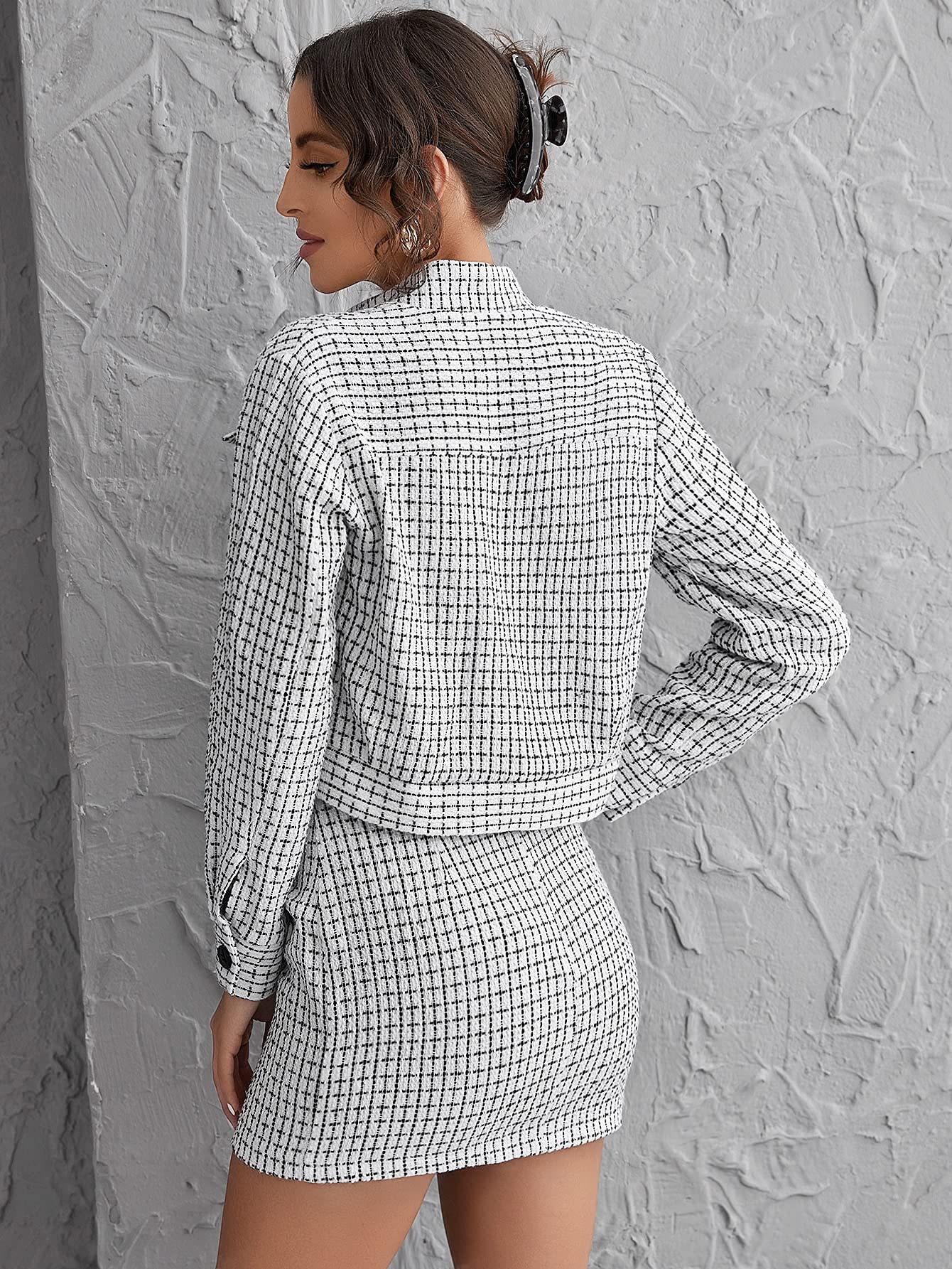 Black and White Plaid Tweed Blazer Jacket & Skirt Set