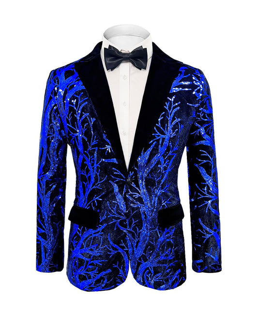 Blue Men's Sequin Floral Glitter Long Sleeve Blazer