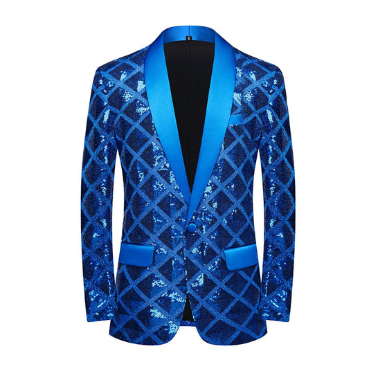 Blue Men's Diamond Sequin Long Sleeve Blazer