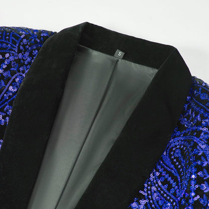 Blue Men's Floral Sequin Formal Long Sleeve Blazer