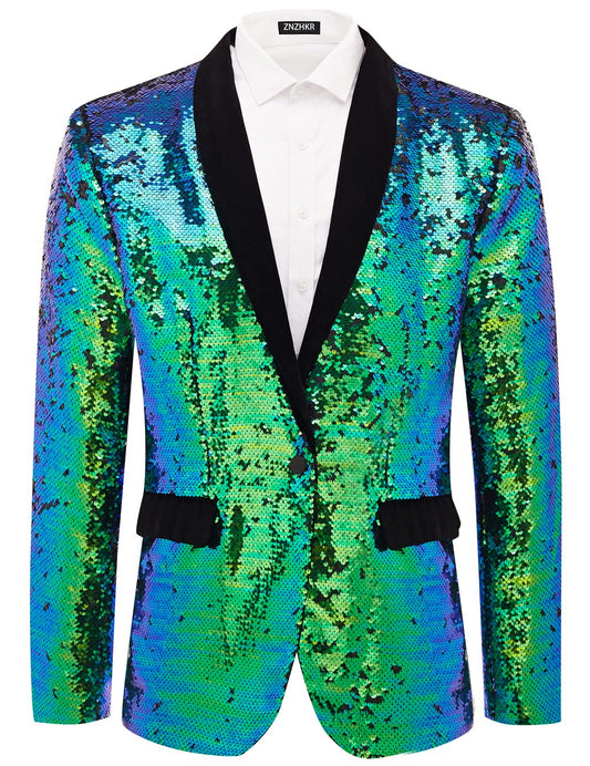 Blue Green Sequin Party Long Sleeve Dinner Jacket