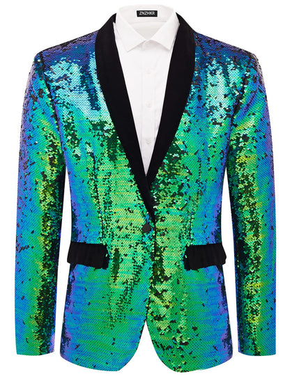 Blue Green Men's Colorful Sequin Long Sleeve Blazer Jacket