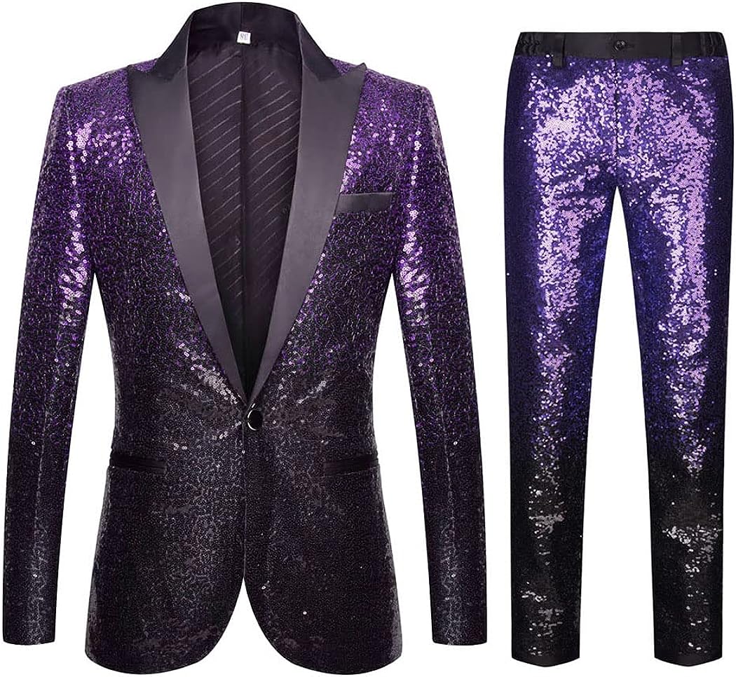 Men's Purple Black Tuxedo Two Tone Sequin Blazer & Pants Suit