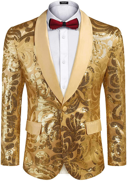 Men's Shiny Gold Floral Sequin Stylish Tuxedo Blazer