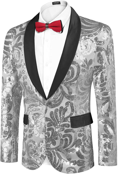 Men's Shiny Silver Floral Sequin Stylish Tuxedo Blazer